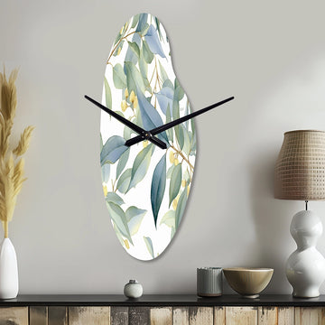 White Green Minimalism Eucalyptus Essence I - Asymmetric Metal Wall Clock